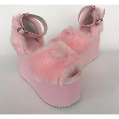 Big Size 33-46 Ultra High Heels 12cm Sweet Pink Fur Wedge Platform Heel Princess Girl Lolita Sandals Plush Summer Pumps Shoes