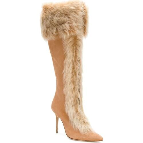 Long Boots Women Shoes Thin Heels High Heeled Rabbit Hair Sweet Knee High Boots Winter Pointed Toe Zip Fur Boot Botas Femininas