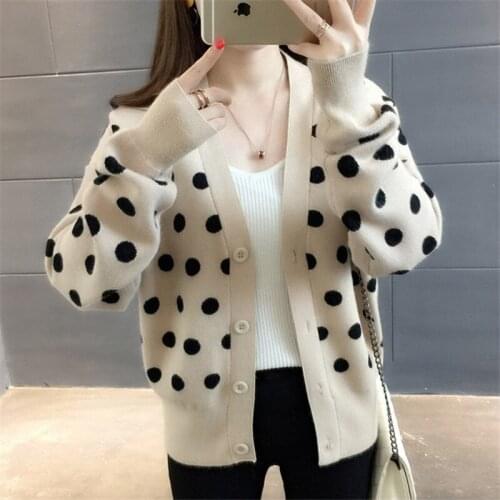 Spring Autumn Korean Loose Dot Print Sweater Women Short Knitted Cardigan Red Black V-Neck Long Sleeve Knit Jacket Coat Female
