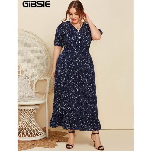 GIBSIE Puff Sleeve Button Front Print Dress Women Elegant Vintage Ruffle Hem Dresses Plus Size V Neck Casual Women Long Dress