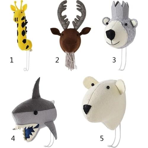 3D Cartoon Animal Head Decoration Wool Felt Giraffe Elk Bear Shark Toy with Hook Child Room Wall Mounted Ornament Doll