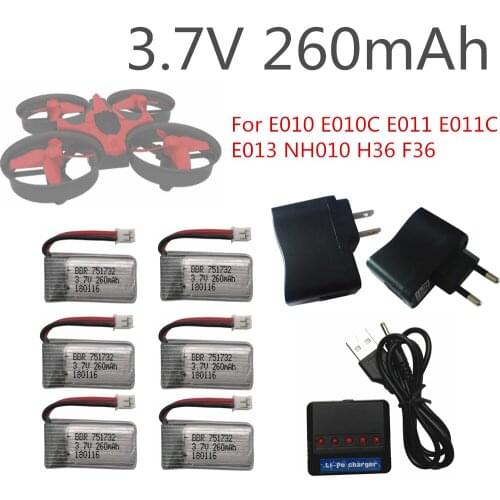 6Pcs 3.7V 260mAh 2.0 Connector Lipo Battery and X6 Charger for E010 E011 E013 F36 010 H36 Mini RC Quadcopter