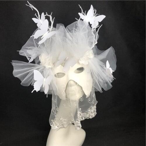 White Veil Butterfly Full Face Mask Festival Rave Cosplay Role Playing Accessories Masked Singer Models Bar Club Stage Props