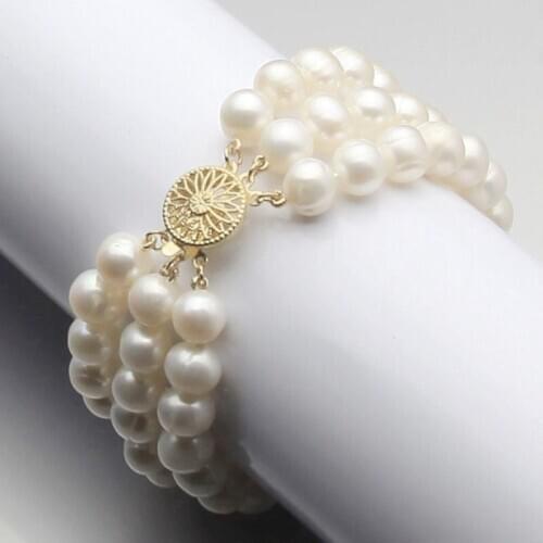 Nobility Womans jewelry 3 rows 8-9mm white freshwater akoya pearl bracelet 7.5-7.8" Grade hook -jewelry