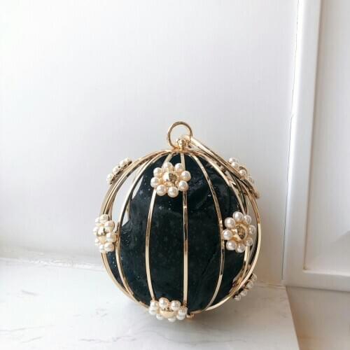 Designer Fashion Women Pearl Beaded Crystal Party Evening Bag Bridal Wedding Round Ball Wrist Bag Round Clutch Purse Handbag