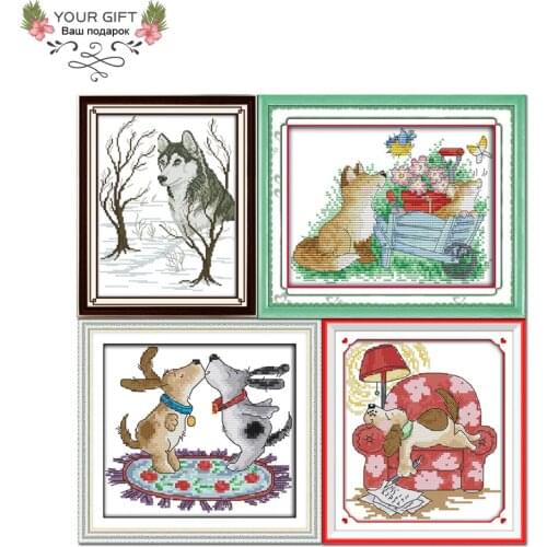 Joy Sunday Puppy Home Decor D933D935D936D937 Sled Butterfly Kiss Writing Dog Animal Needlepoints Cross Stitch Kit