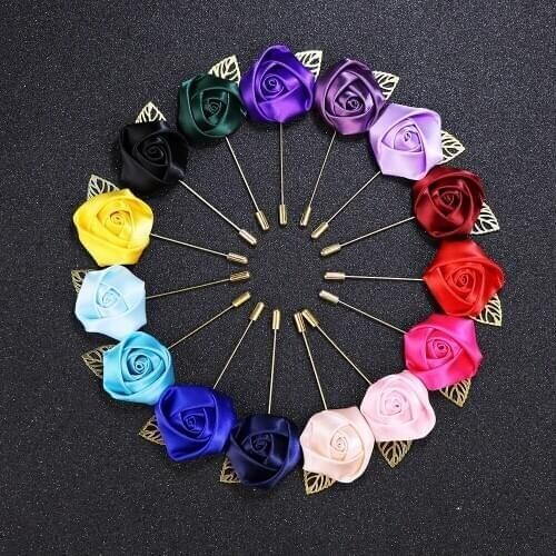 Korean Fabric Rose Flower Brooch Leaf Long Needle Pins Mens Suit Collar Pin Fashion Jewelry for Women Men Clothing Accessories
