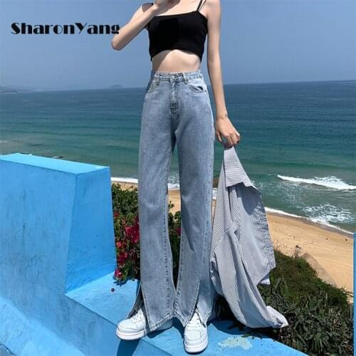 2021 Spring Summer Womens Jeans Straight High Waist Wide-legged pants Anterior Split Jeans Vintage Ankle Pants White Lengthened