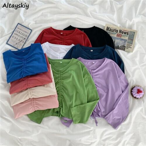 Long Sleeve T-shirts Women 11 Colors Chic Sweet Simple Teens Crop Top All-match Soft Fall Trendy Loose Female Ins Tees Clothes