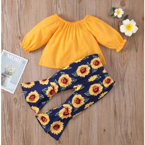 Spring Autumn Infant Newborn Baby Girls 2-piece Suit Solid Color Long Sleeve Off Shoulder Top Shirt Sunflower Print Trousers
