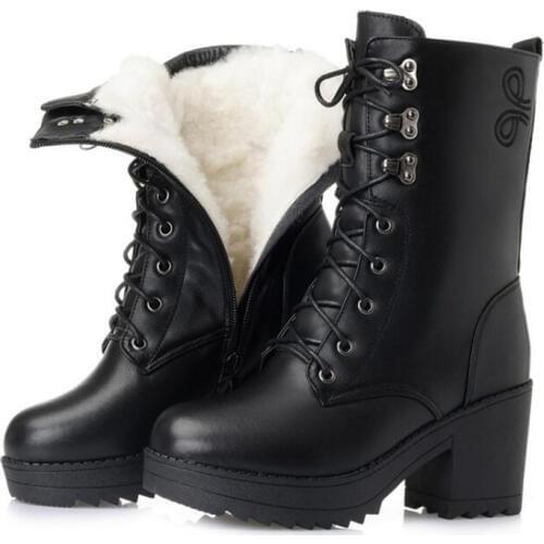 New Plus Size In-tube Martin Boots Winter Boots Warm Snow Shoes Women Boots High Heel Shoes Non-slip Genuine Leather Wool Boots