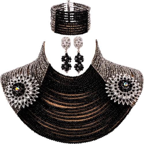 Fashionable Silver Black African Beads Jewelry Set for Women 25 Layers 4mm Crystal Beaded Necklace Jewelry Sets 25LC16