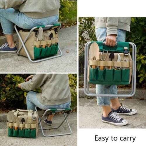 Multipurpose Garden Tools Set Chair Folding Stool with Tote Bag Garden Tools Kit Organizer with Pockets for Gardener Use