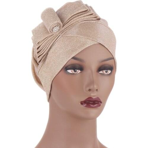 New Turban Muslim Hijab Bonnet Women Head Wraps Turbante Mujer curling flower with bright silk headscarf hat Auto Gele