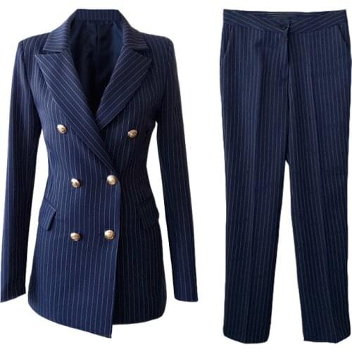 2019 autumn new womens suits pants suit High quality vintage slim striped long sleeve professional small suit Casual trousers