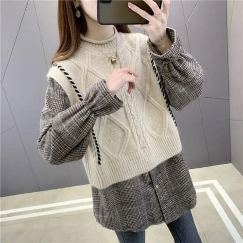 2021 New Spring Autumn Fake Two-piece Knitted Sweater Plaid Shirt Women Fashion Long Sleeve Plaid Spliced Blouse Sweater Female