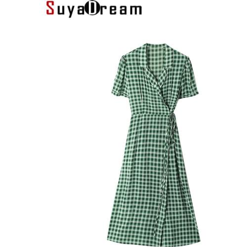 SuyaDream Woman Plaid Long Dress 100%Silk Crepe Wraps Shirt Dresses 2021 Spring Summer Holiday Dresses