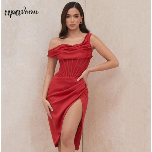 Free Shipping High Quality Satin Dress Womens Burgundy Sexy Card Shoulder Draping Split Bodycon Halter Club Night Party Vestido