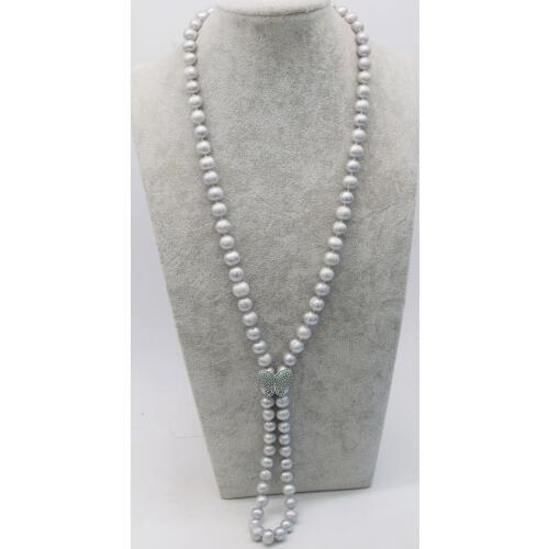 Freshwater pearl gray near round 8-9mm necklace 32" nature FPPJ wholesale beads green zircon butterfly