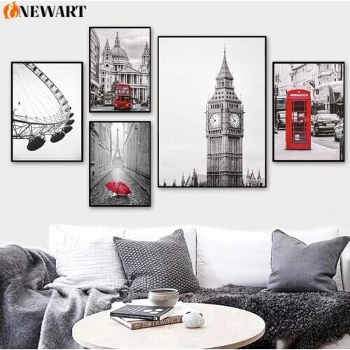 Modern City Town Wall Art Black White Red Building Canvas Painting Decoration Home Wall Picture Poster Minimalism Styel Decor