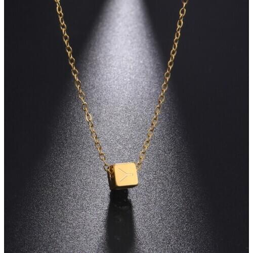 Teamer Initial Letter Cube Necklace Women Square Pendant Heart Minimalist Jewelry Geometric Gold Plated Stainless Steel Chain