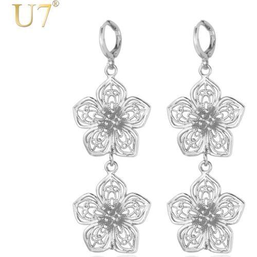 U7 Big Flower Earrings Indian Jewelry Silver Color Long Drop Earrings For Women Gift E686
