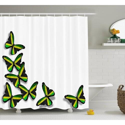 Jamaican Shower Curtain Buterflies Flag Motifs Caribbean Animal Illustration Rasta Culture Print Waterproof Bath Curtains