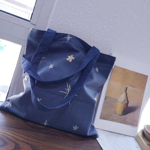 Youda Women Navy Blue Shoulder Bag Simple Canvas Handbag Tote Large Capacity Embroidery Shopping Bag Cute Book Bags For Girls