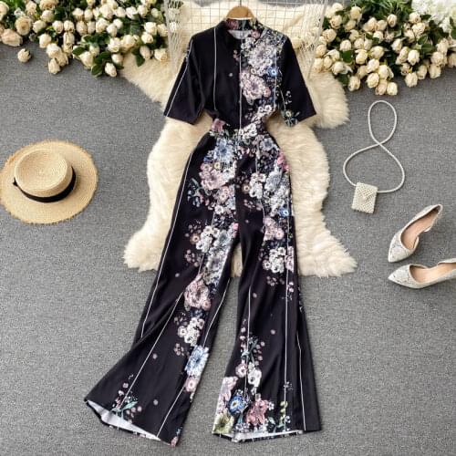Europe Style 2021 New Summer Elegant Women Short Sleeve Floral Print Fashion High Waist Zipper Jumpsuits