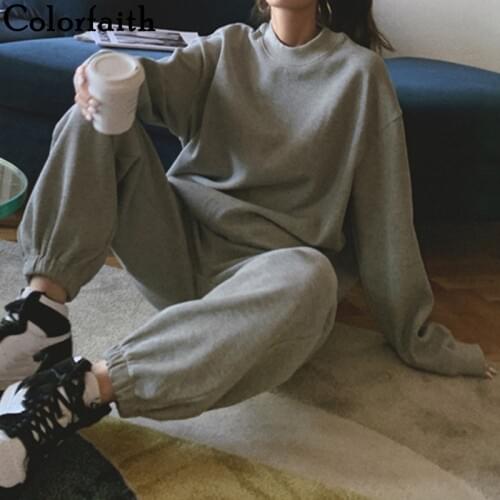 Colorfaith 2020 New Autumn Winter Women Sets 2 Piece Outfits Matching Pants High Elastic Waist Oversize Fashion Lady Suit WS6382