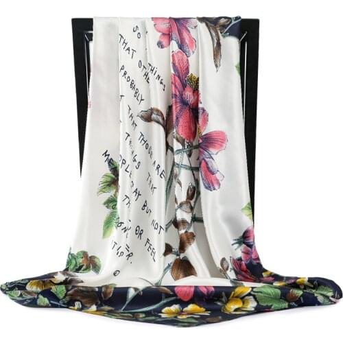 Women Silk Scarf Fashion Flower Print Square Head Scarves Lady Luxury Brand Shawls Silk Women Scarf Foulard Satin Hijab 90*90cm