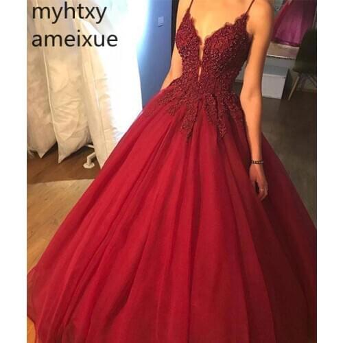 2020 New Sexy Ball Gown Spaghetti Straps Lace Appliques Tulle Red Evening Dresses Party Prom Formal Robe De Soiree Event Dress