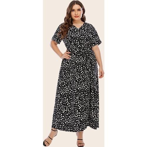 Thin Summer Plus Size Dress for Women Robes V-neck Short Sleeve Polka-dot Print Long Maxi Dresses High Waist Casual Dress TA2069