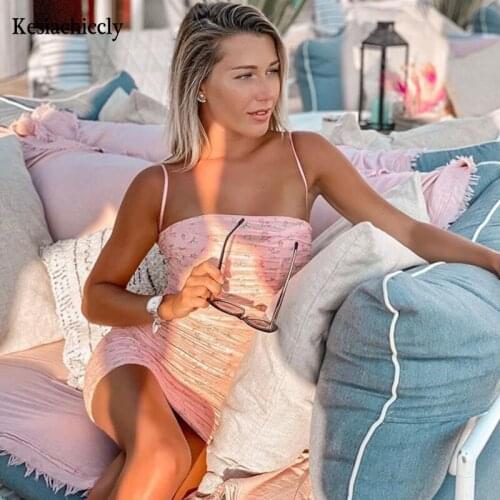 Kesiachiccly Mesh Floral Women Dress Summer Sexy Spaghetti Strap Backless Pleated Slim Ruched Dress Casual Sweet Bodycon Dress