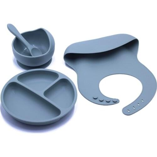 4pcs/set BPA Free Baby Silicone Tableware Waterproof Bib Solid Color Dinner Plate Sucker Bowl And Spoon For Children