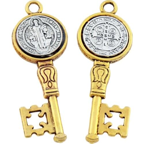 50pcs 2-Tone Saint St Benedict Medal Cross Key Spacer Charm Beads Pendants Alloy Handmade Jewelry DIY L1692