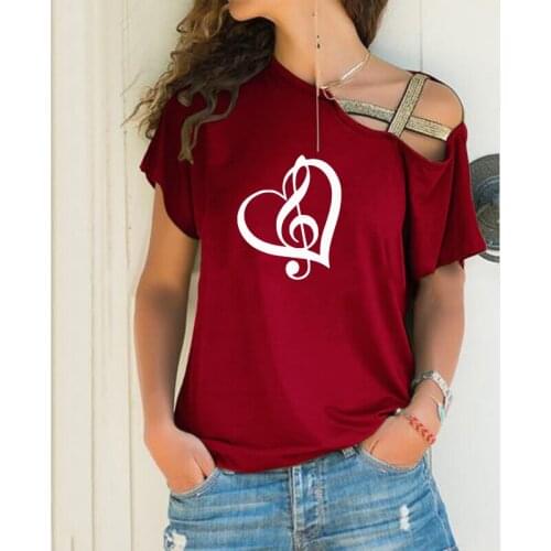 Music Note Print Plus Size T-shirt Women Grandma Music Lover Student gift Harajuku Irregular Skew Neck Cross Bandage T-shirt