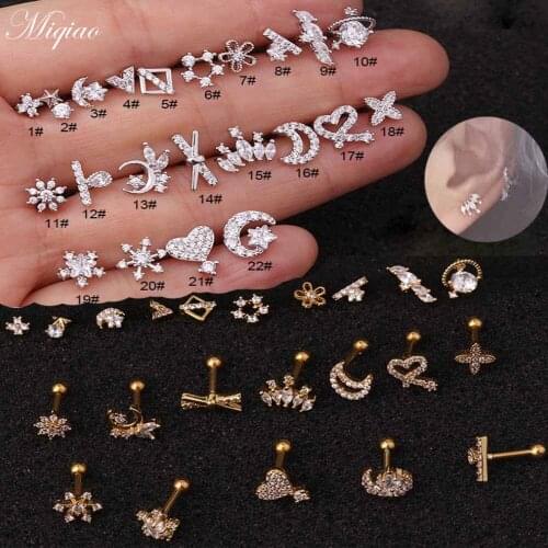 Miqiao 2pcs Trend Creative Stainless Steel Moon Cross Diamond Ear Bone Nails Exquisite Body Piercing Jewelry