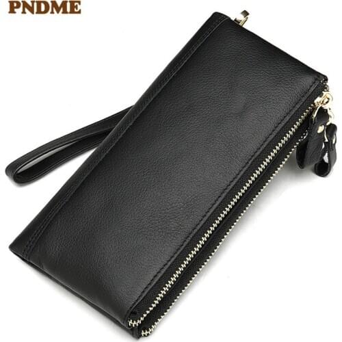 Business genuine leather multi-function mens clutch wallet casual simple natural real cowhide 2 zipper card holder coin purse