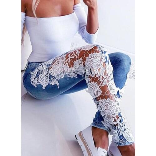 Donsignet Fashion Sexy Lace High Waisted Jeans for Women Pencil Pants Full-Length Jeans Woman Street Hipster Women Denim