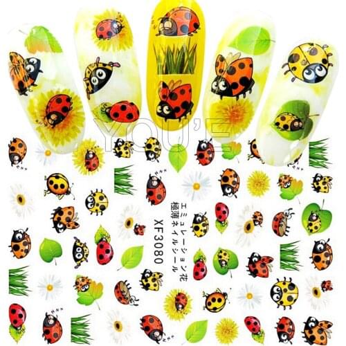Nail Art Sticker for Nails Decals Cartoon Ladybird Adhesive 3D Leaves Manicure Design for Nails Art Transfer Foil Decoration
