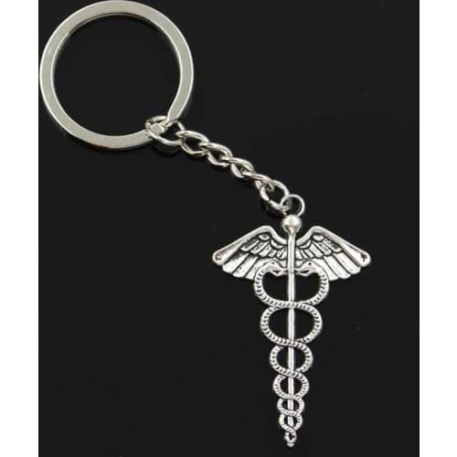 New Fashion Men 30mm Keychain DIY Metal Holder Chain Vintage Caduceus Medicine Symbol 49x30mm Silver Color Pendant Gift
