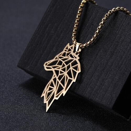 Skyrim Men Wolf Head Pendant Necklace Amulet Stainless Steel Golden Statement Long Box Chain Necklaces Jewelry Gift for Friend