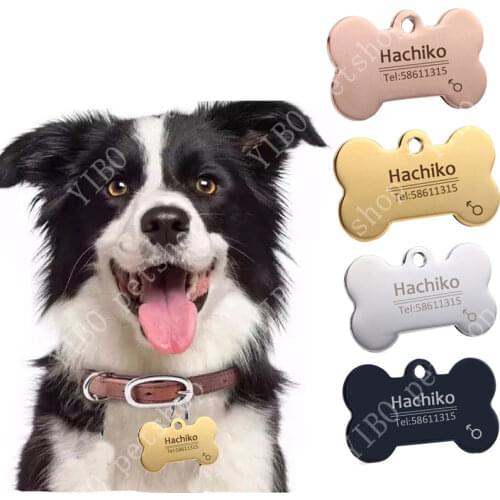 Custom Dog Tags in Rose Gold Silver or Black Engraved Stainless Steel Pet ID Cat Tag Name Dog Bone Personalized Dog Collar Tag