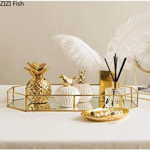 Nordic Geometric Trays Decorative Glass Mirror Tray Gilded Storage Tray Dressing Table Cosmetic Containers Jewelry Display Plate