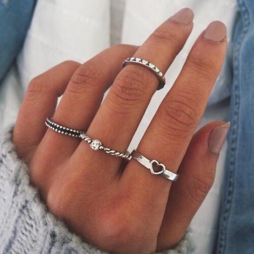 RscvonM Antique Silver Color Color Heart Crystal Rings Set for Women Girl Geometric Knuckle Midi Ring Set Anillos 4pcs/1set