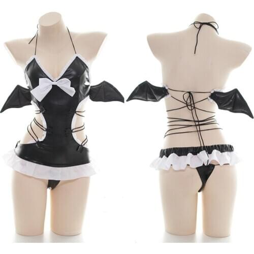 Sexy Lingerie Little Devil Cosplay Costumes Black Pu Leather With Adorable Bat Wings Erotic And Cute Uniform Photo Dress