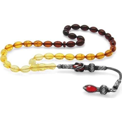 Tesbihane 1000 Sterling Red Engagement Kazaz Tassels Barley Cut Yellow-Red Drop Amber Prayer Beads