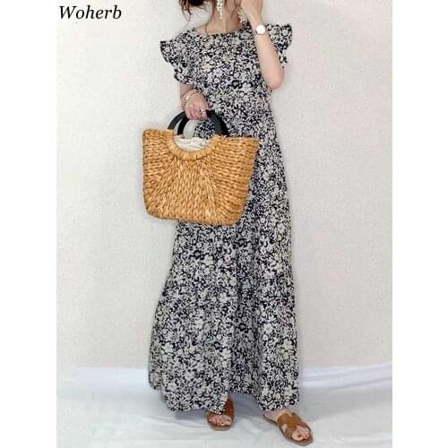 Woherb 2021 Japan Style Summer Womens Dresses Temperament Floral Print Flying Sleeve Dress High Waist Maxi Vestido De Mujer