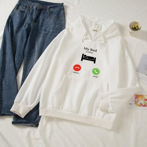 My Bed Is Calling Print Streetwear Cotton Women Fashion Slogan Graphic Sweatshirt Oversized Hoodie with Pocket Aesthetic Clothes